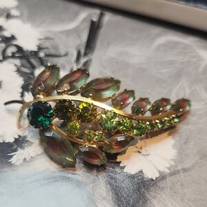 Vintage Green and Gold Rhinestone Brooch